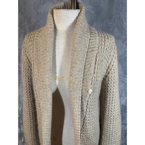 Vintage 70's Maxi Chunky Knit Mohair Wool Cardigan Beige 2 Button Casual Sweater - Picture 15 of 16